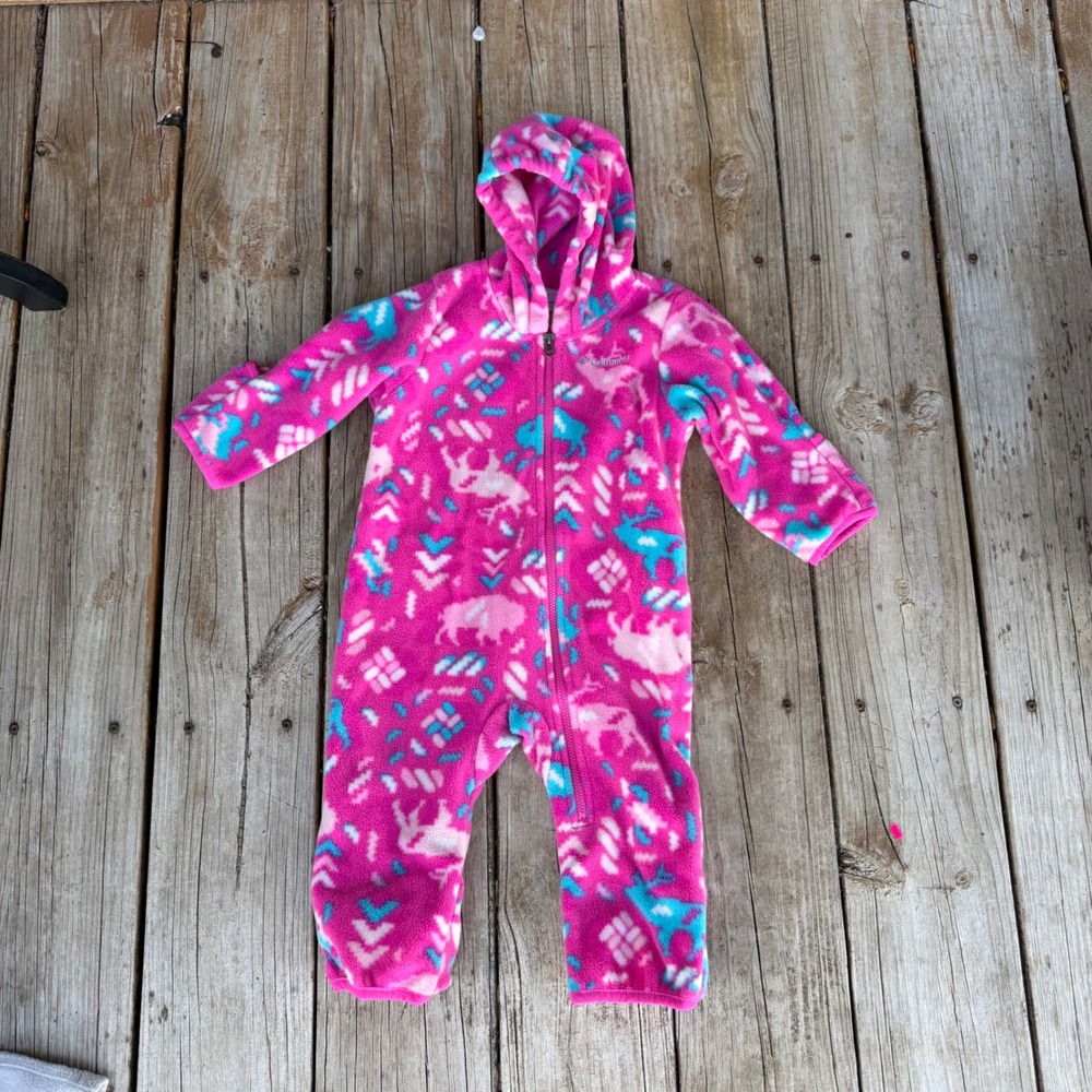 Columbia Fleece Bunting ll Baby 6-12 Months Pink Buffalo Elk Print Hooded Romper
